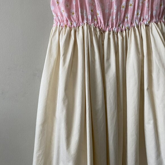 Handmade Plus Size Cotton Pink Cream Floral Elastic Straps Patch Pockets Dress - Picture 9 of 11